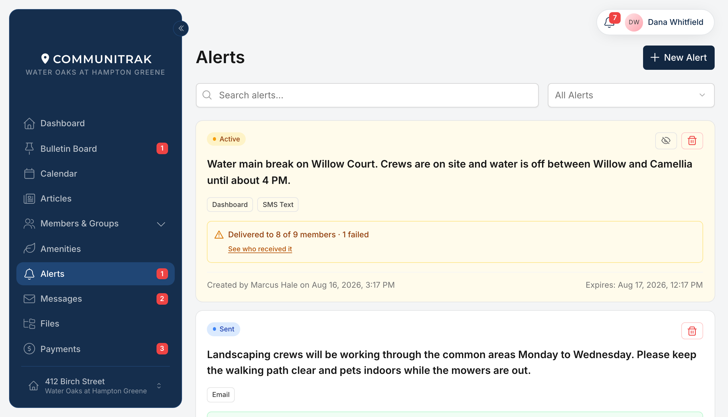 The Alerts screen in Communitrak