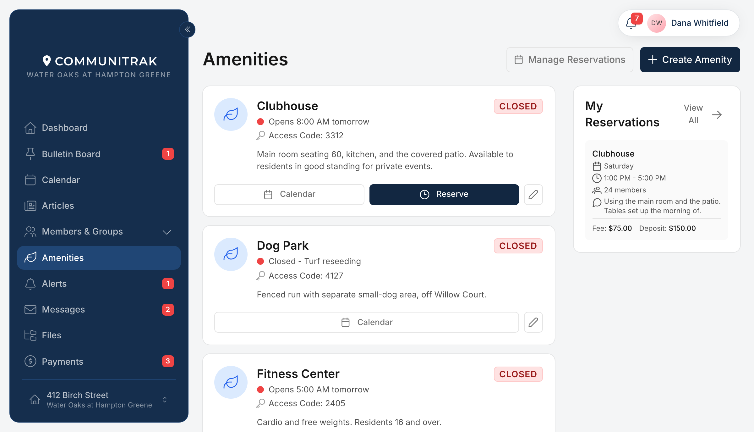 The Amenities screen in Communitrak