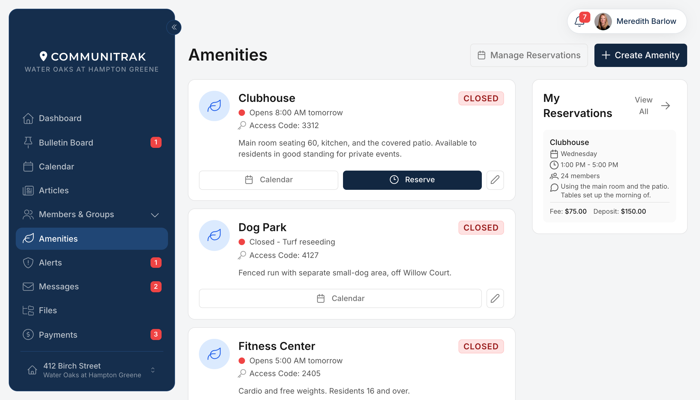 The Amenities screen in Communitrak