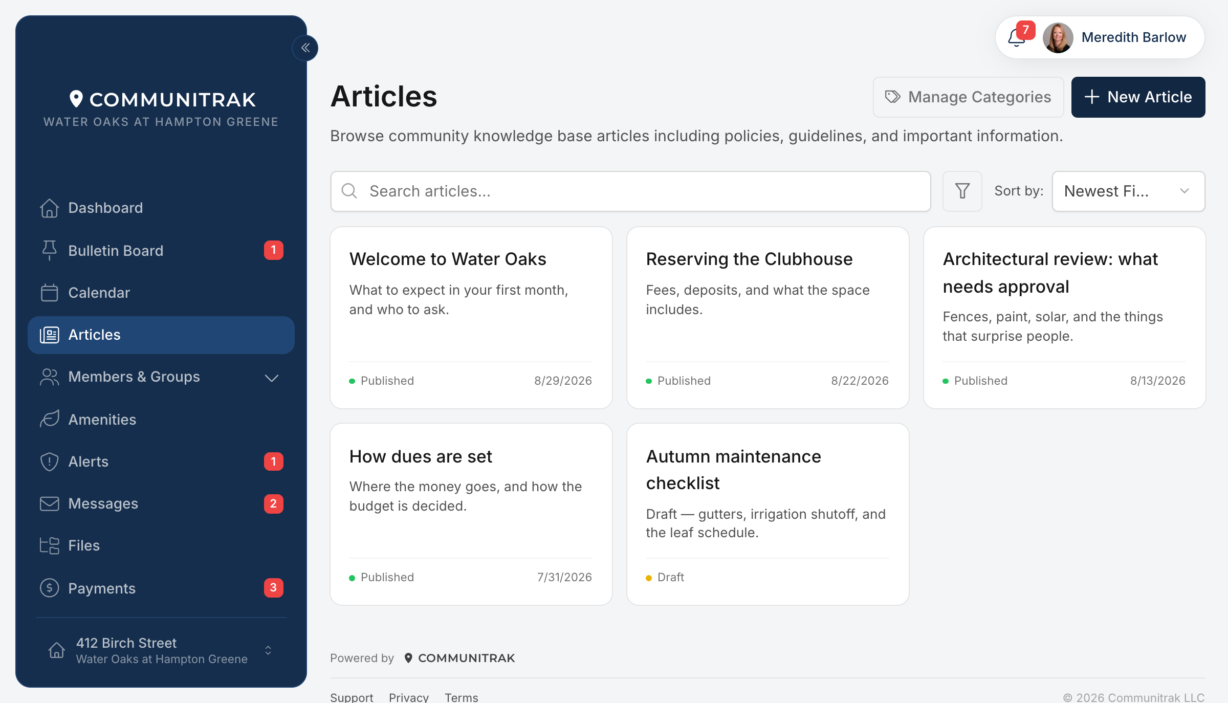 The Articles screen in Communitrak