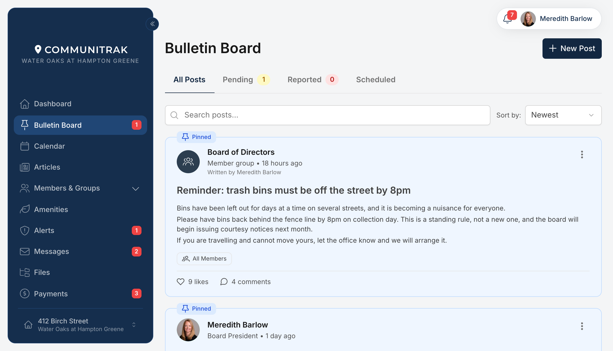 The Bulletin Board screen in Communitrak