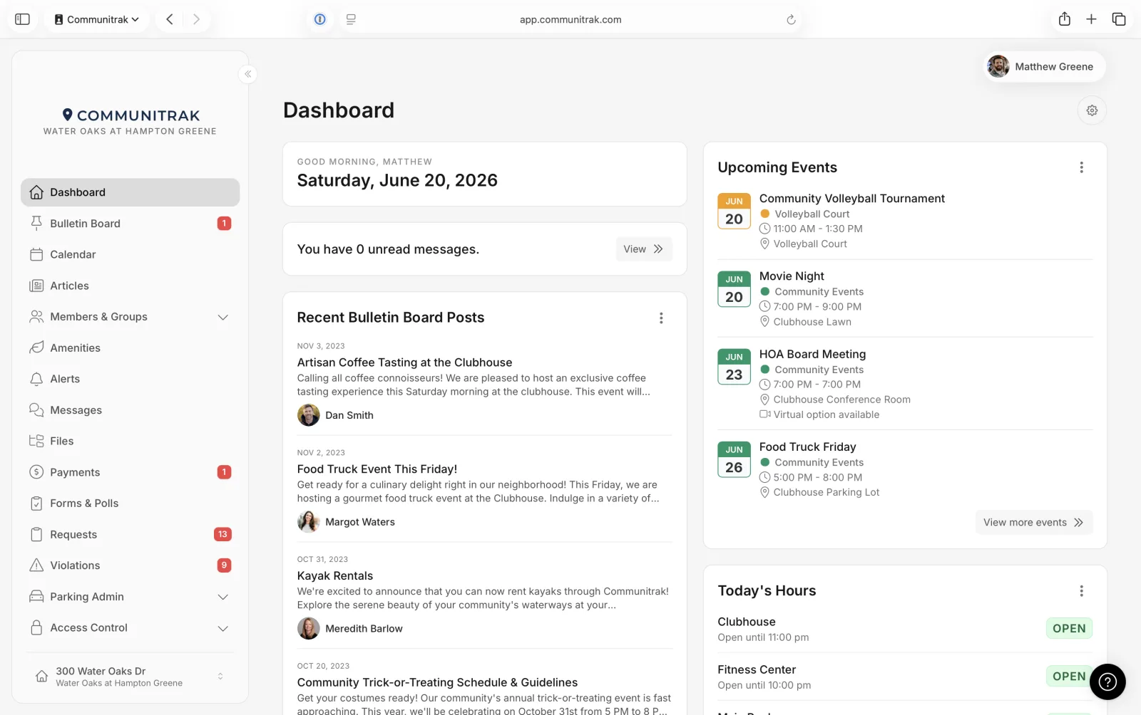 Communitrak resident portal dashboard with bulletin board posts, upcoming community events, and payments