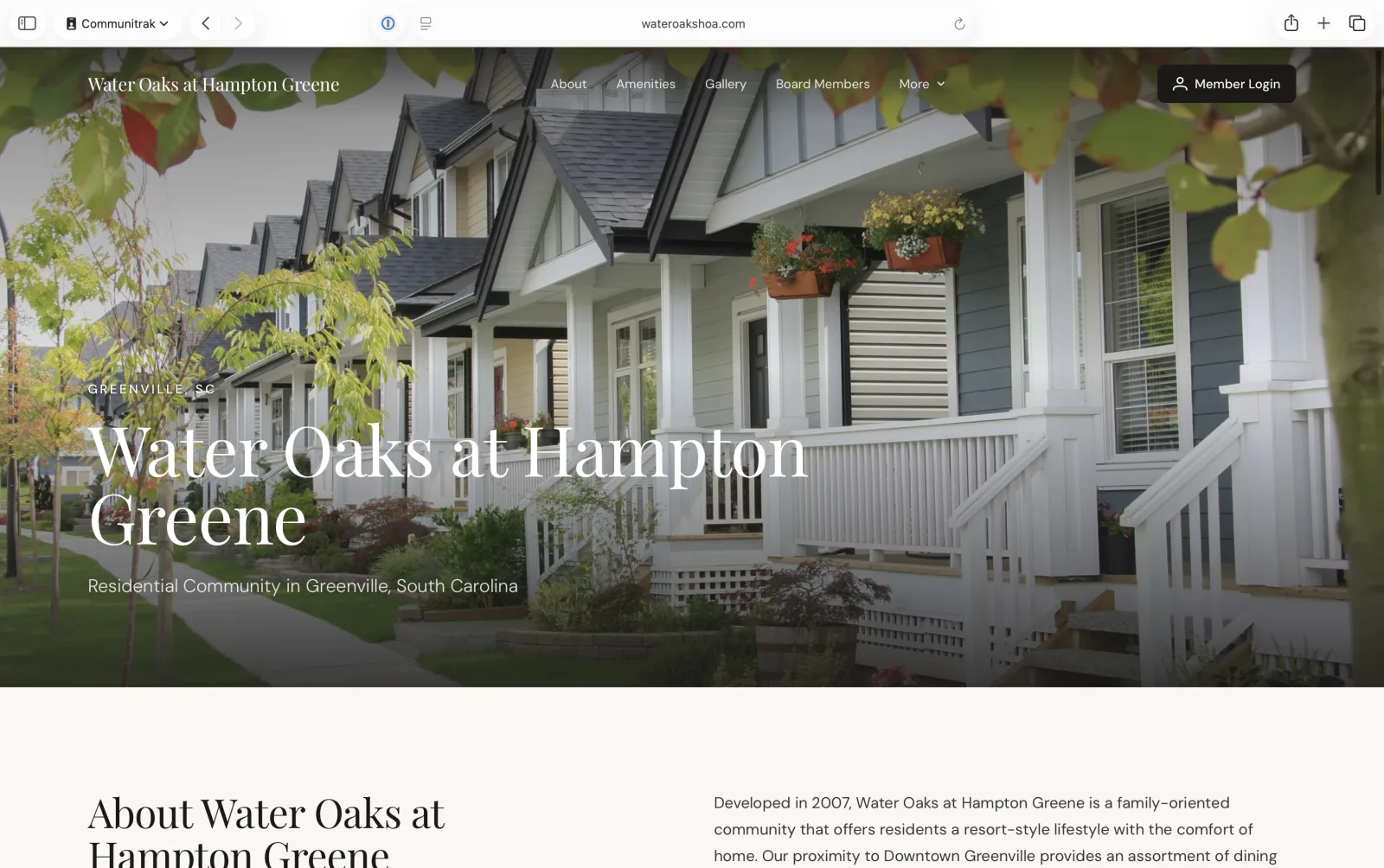 Water Oaks at Hampton Greene HOA website built with Communitrak — community photo, navigation, and member login