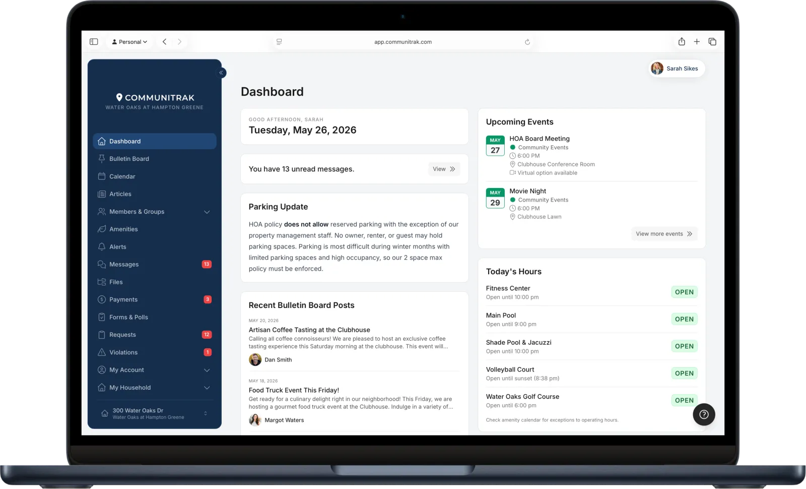 Communitrak HOA management dashboard showing dues, residents, and community activity in one place