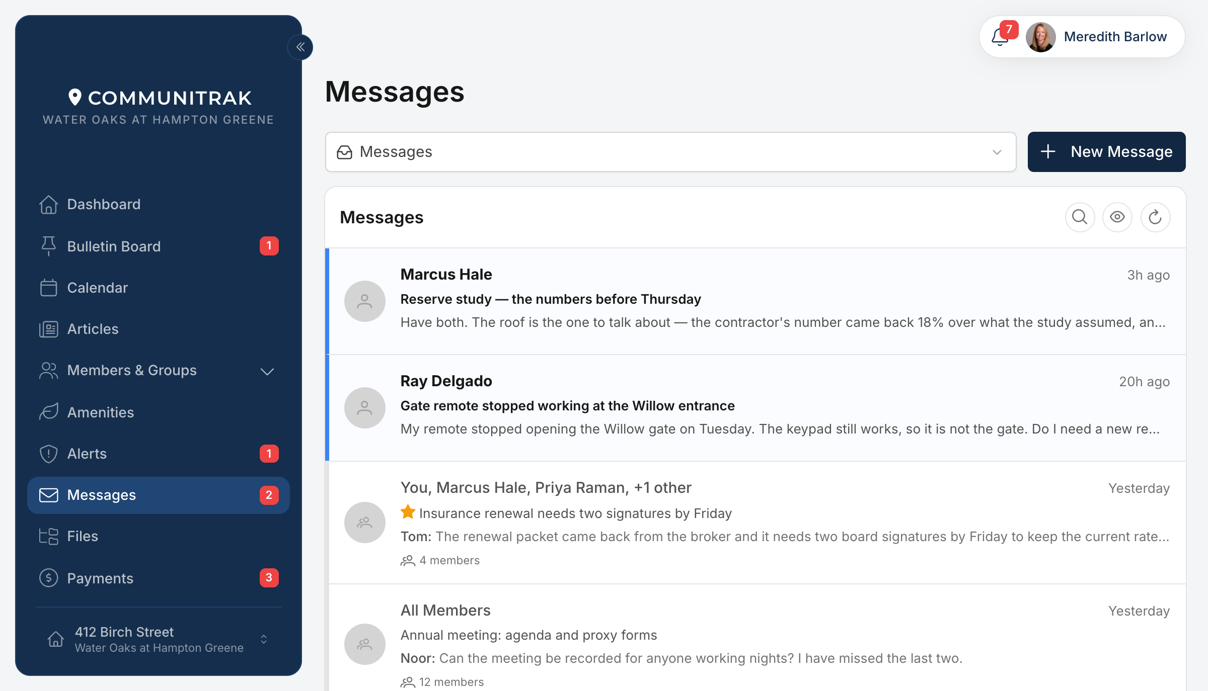 The Messages screen in Communitrak