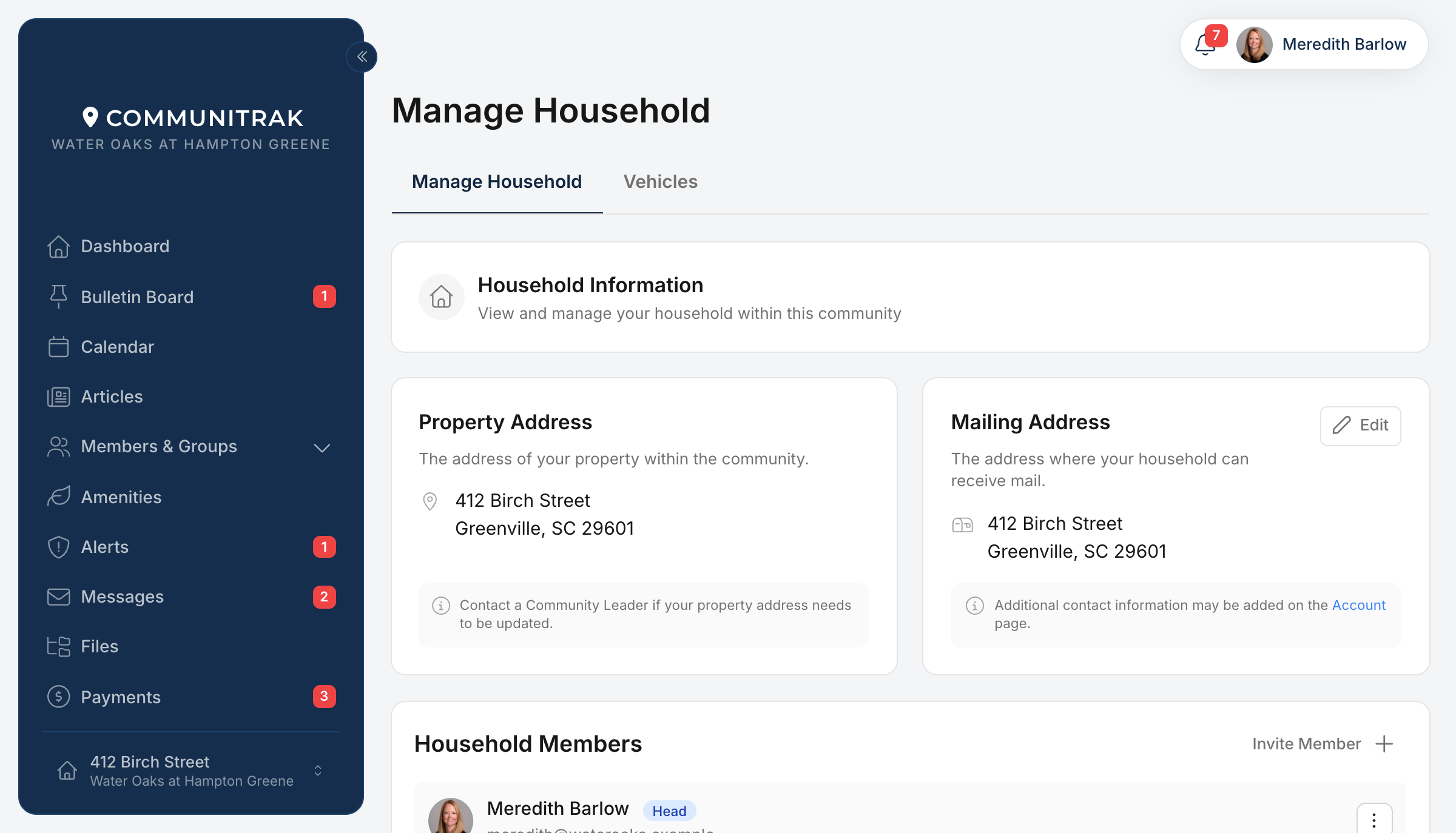 The My Household screen in Communitrak