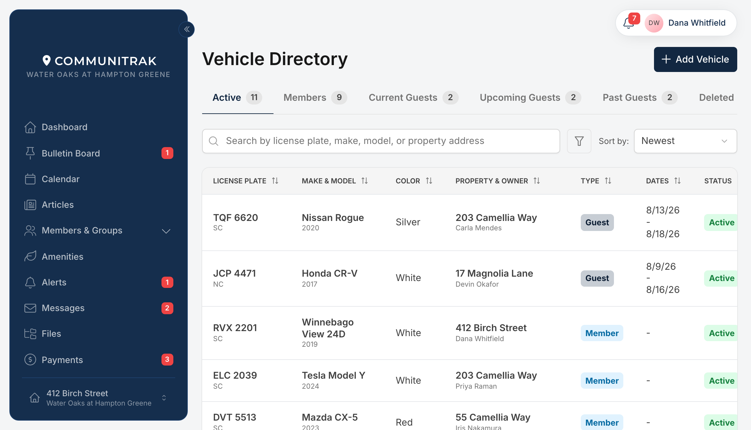 The Parking Management screen in Communitrak