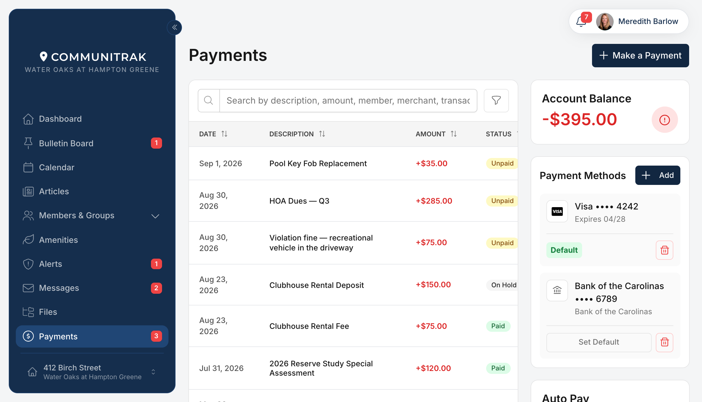 Communitrak payments screen showing household charges, paid and unpaid statuses, account balance, and saved payment methods