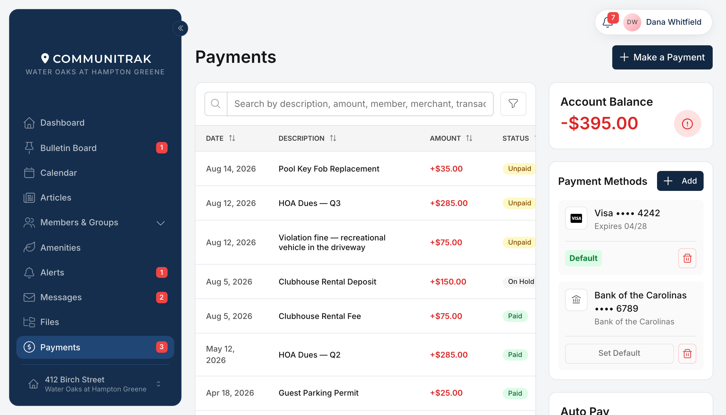 The Payments screen in Communitrak