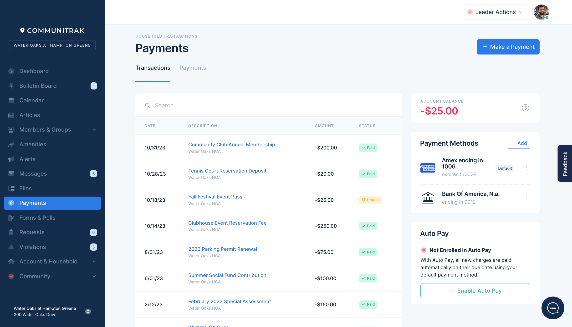 Communitrak payments screen showing HOA dues and balances