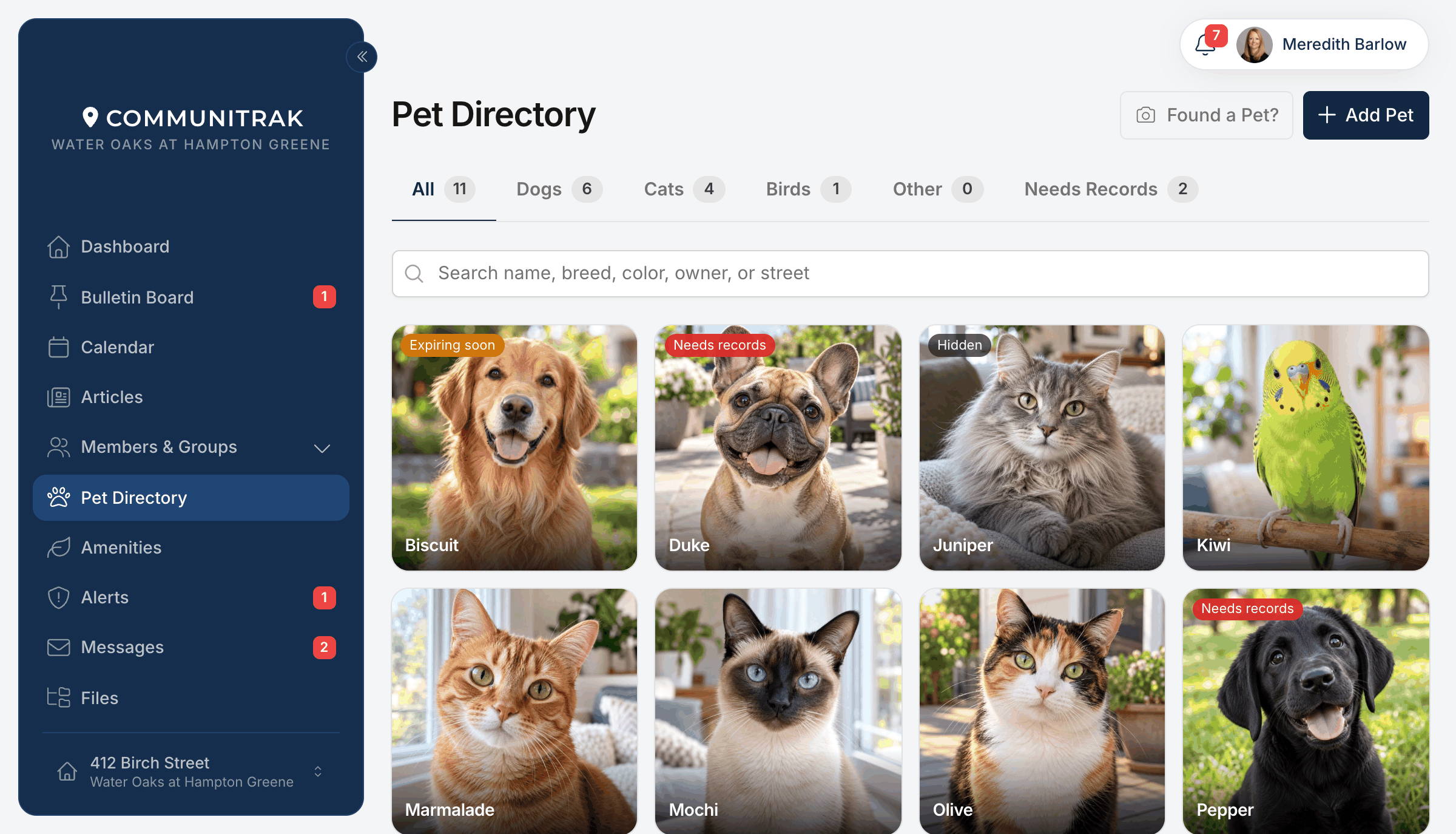 The Pet Directory screen in Communitrak