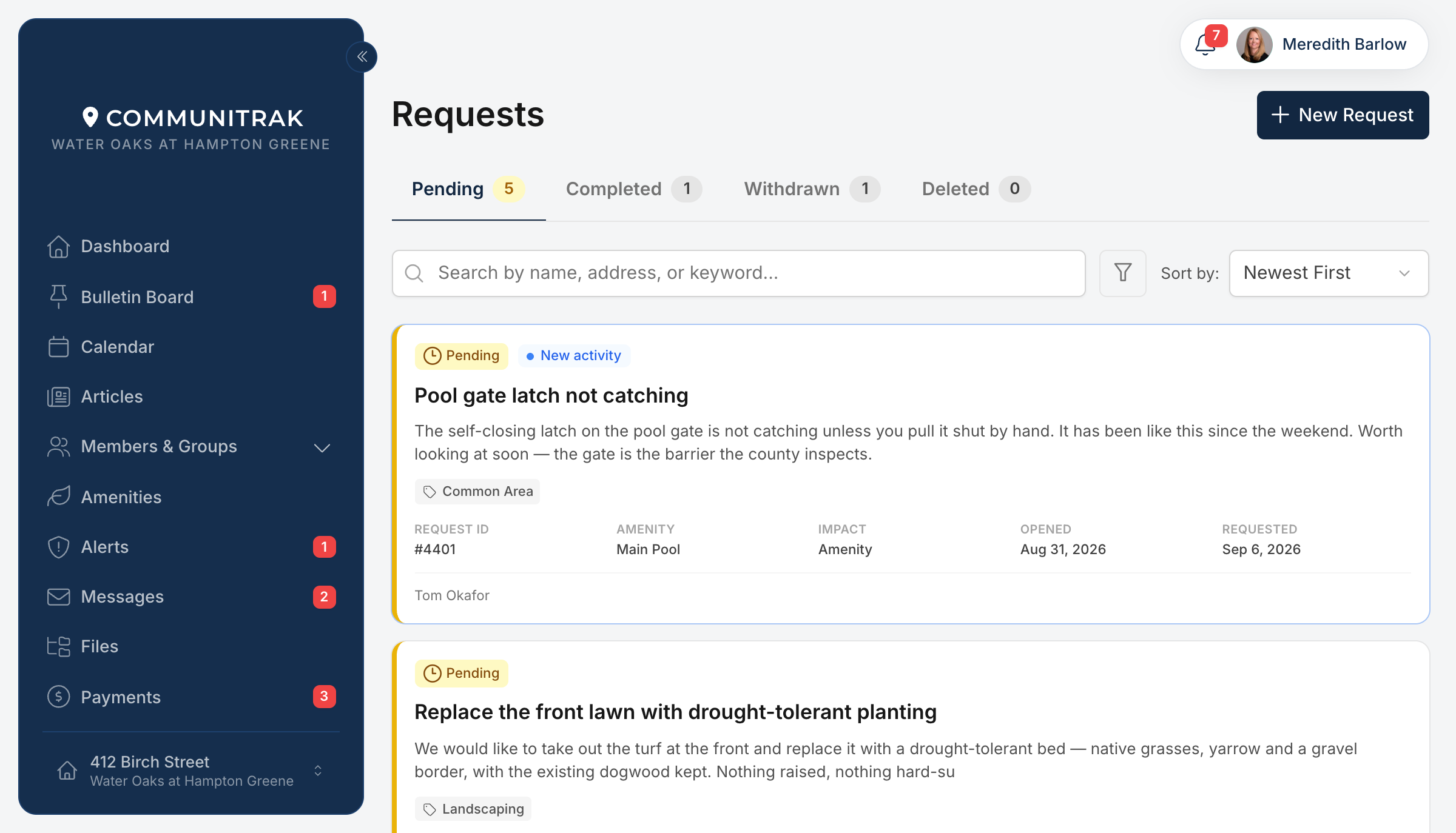 The Requests screen in Communitrak