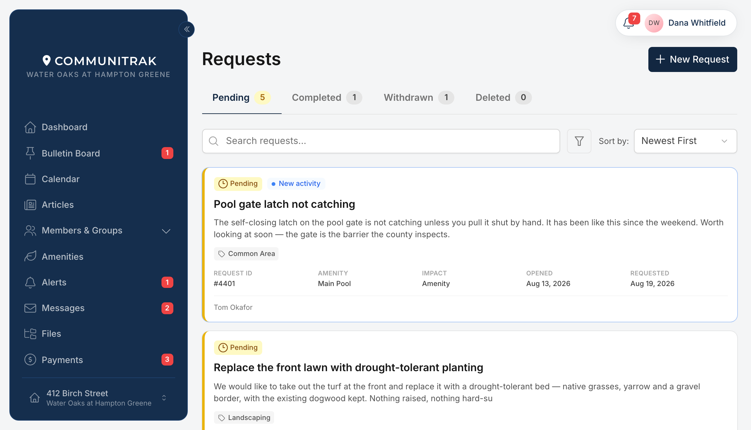 The Requests screen in Communitrak