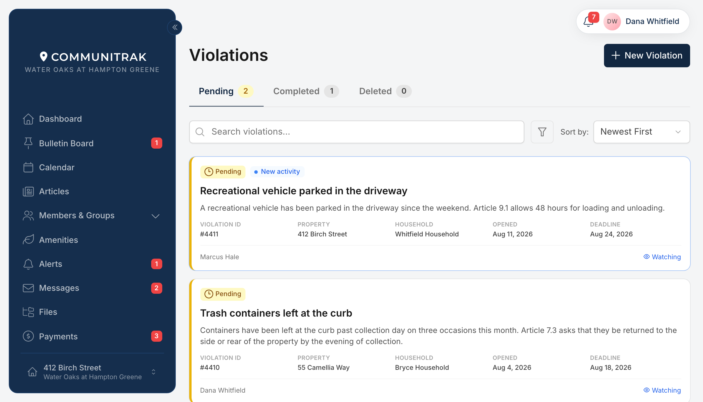 The Violations screen in Communitrak